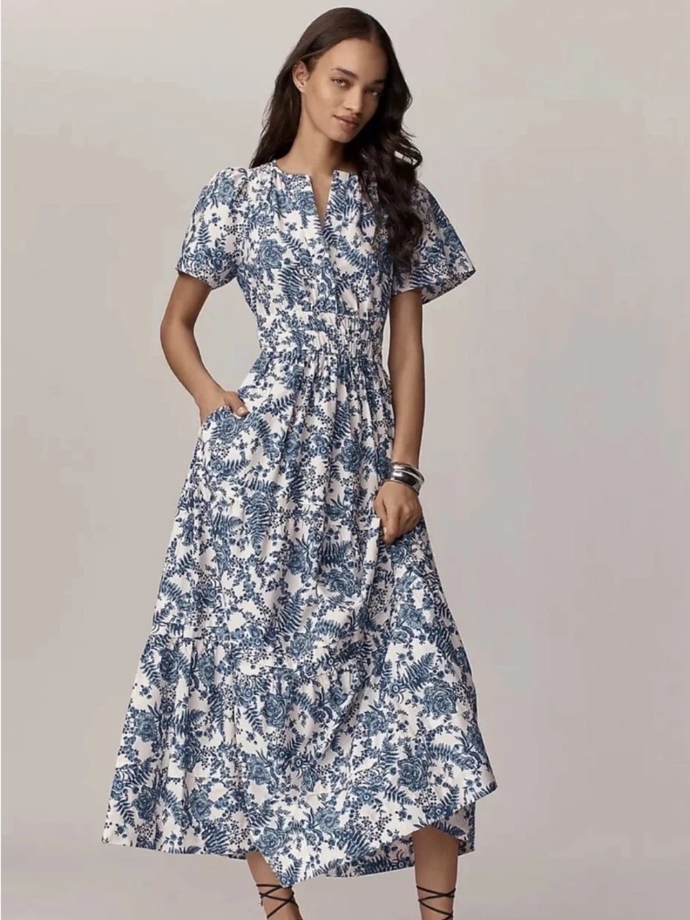 Anthropology Maeve Women's Blue Floral V-Neck Maxi Dress